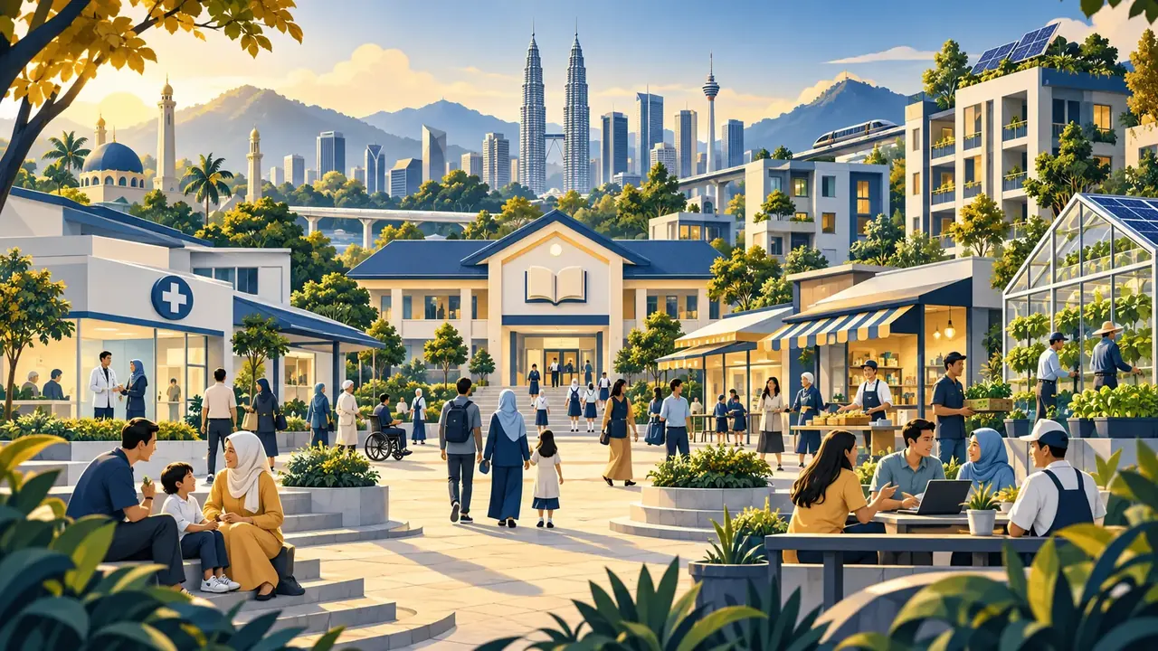 Ilustrasi konsep Malaysia dengan sekolah, klinik, perniagaan kecil, perumahan, pertanian moden dan tenaga solar.