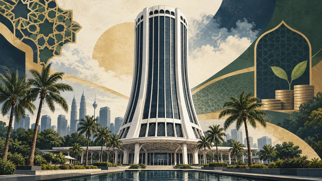 Ilustrasi bertema bangunan Tabung Haji dan simpanan haji dalam warna biru tua, hijau dan emas.