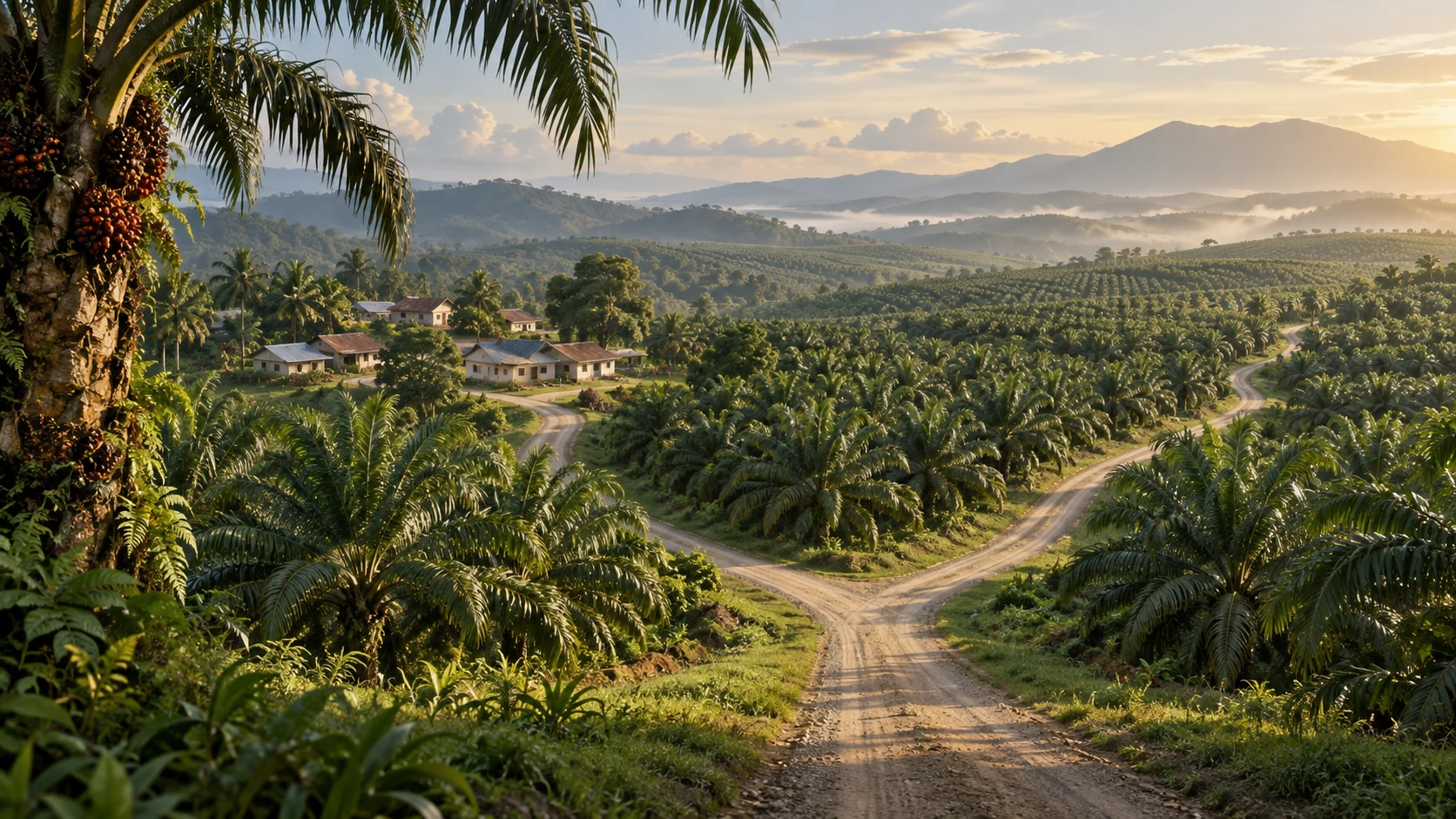 Ilustrasi ladang kelapa sawit dan rumah peneroka dengan jalan bercabang, melambangkan pilihan masa depan FELDA.