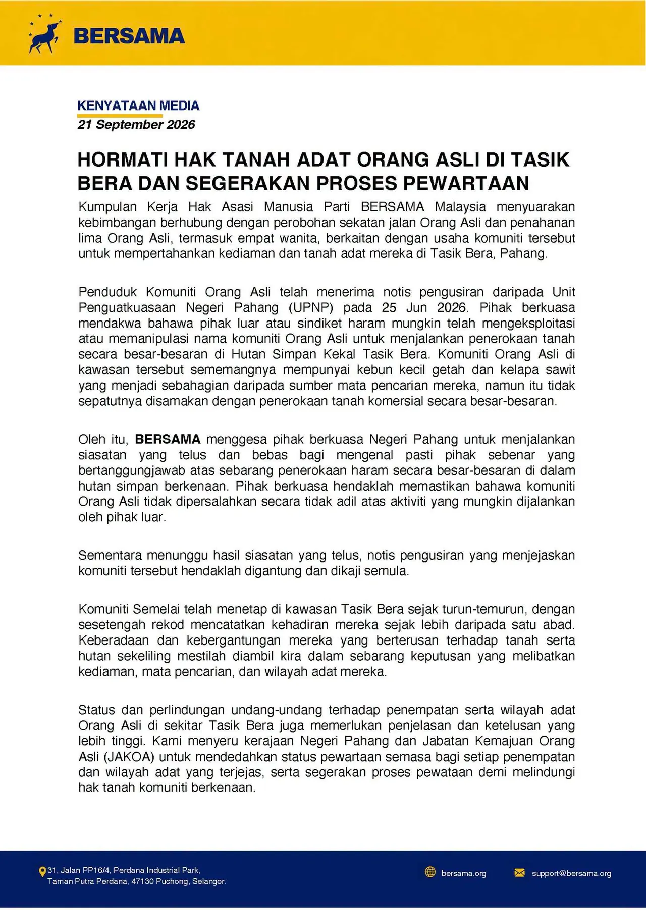 Halaman pertama kenyataan media BERSAMA pada 21 September 2026 mengenai hak tanah adat Orang Asli di Tasik Bera