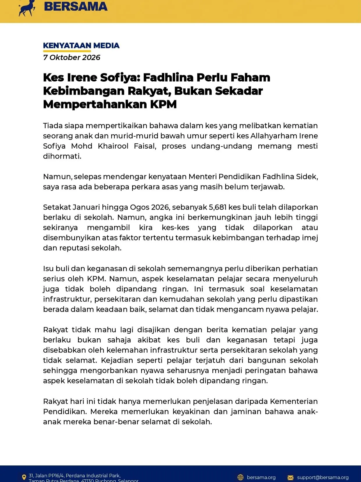 Halaman pertama kenyataan media Nik Nazmi Nik Ahmad bertarikh 7 Oktober 2026 mengenai kes Irene Sofiya, kebimbangan rakyat dan keselamatan sekolah