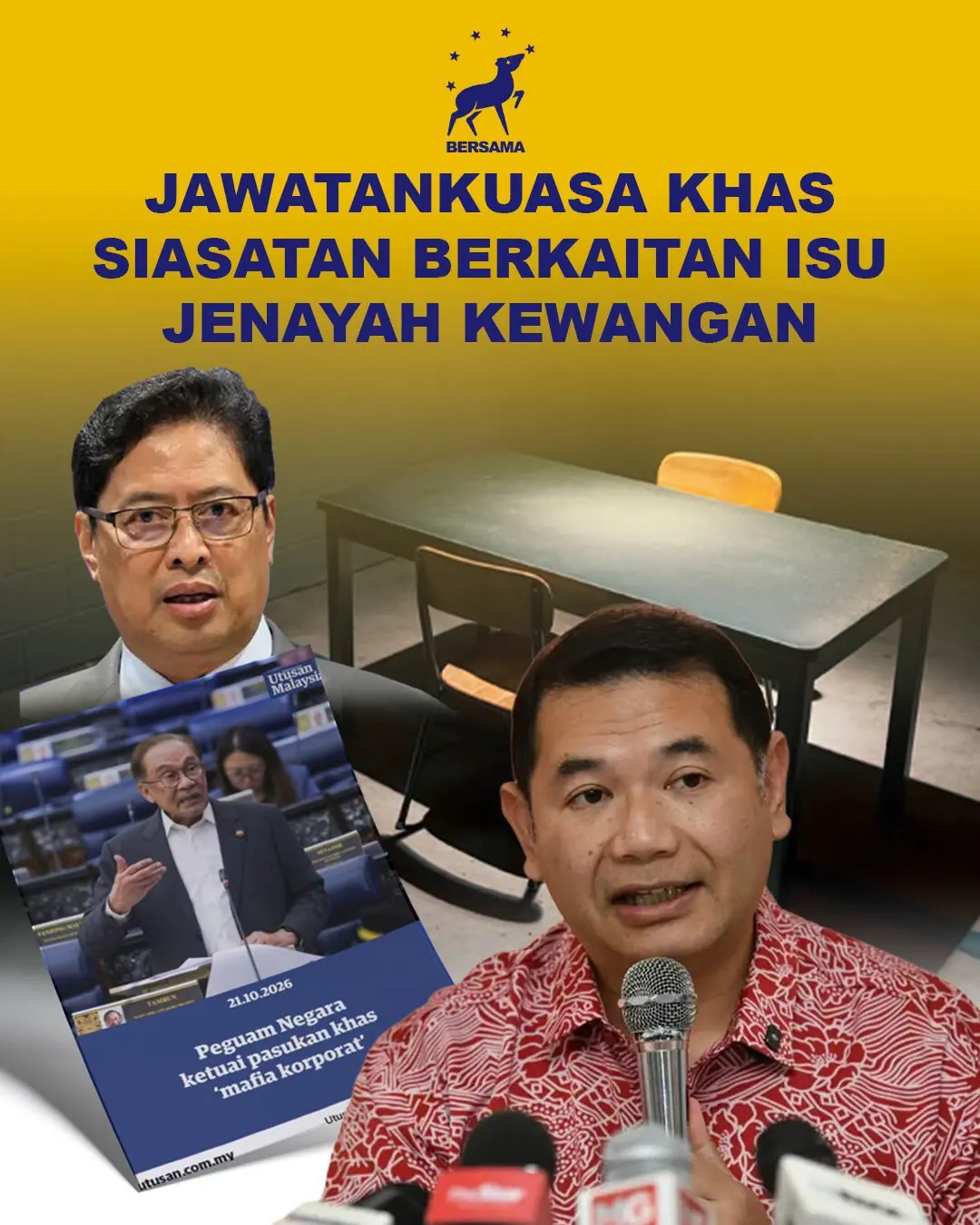 Poster asal BERSAMA bertajuk Jawatankuasa Khas Siasatan Berkaitan Isu Jenayah Kewangan dengan latar bilik siasatan