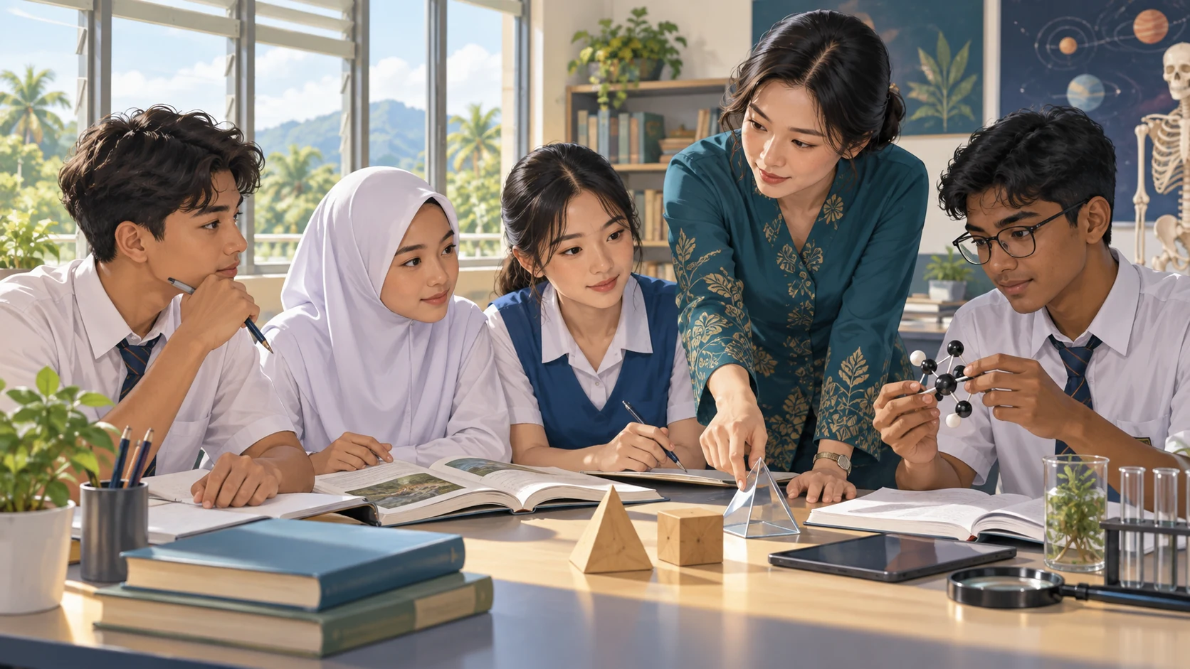 Ilustrasi guru membimbing sekumpulan pelajar sekolah menengah dalam pembelajaran bersama menggunakan buku dan objek geometri.