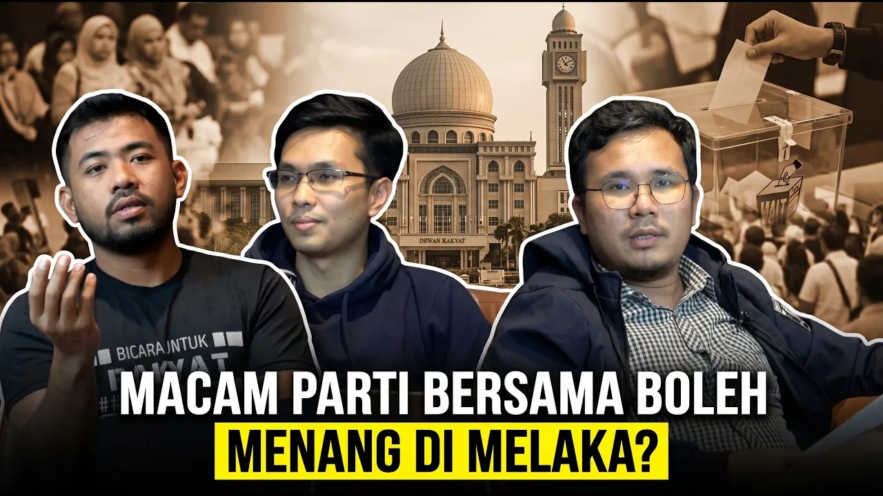 Thumbnail asal Selayang Jawab mengenai PRN Melaka dengan latar peti undi dan bangunan Parlimen