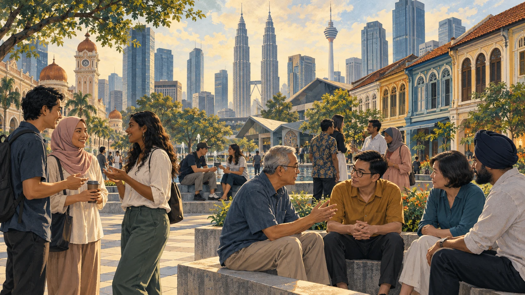 Ilustrasi rakyat Malaysia pelbagai generasi berbual di ruang awam berlatar suasana bandar.