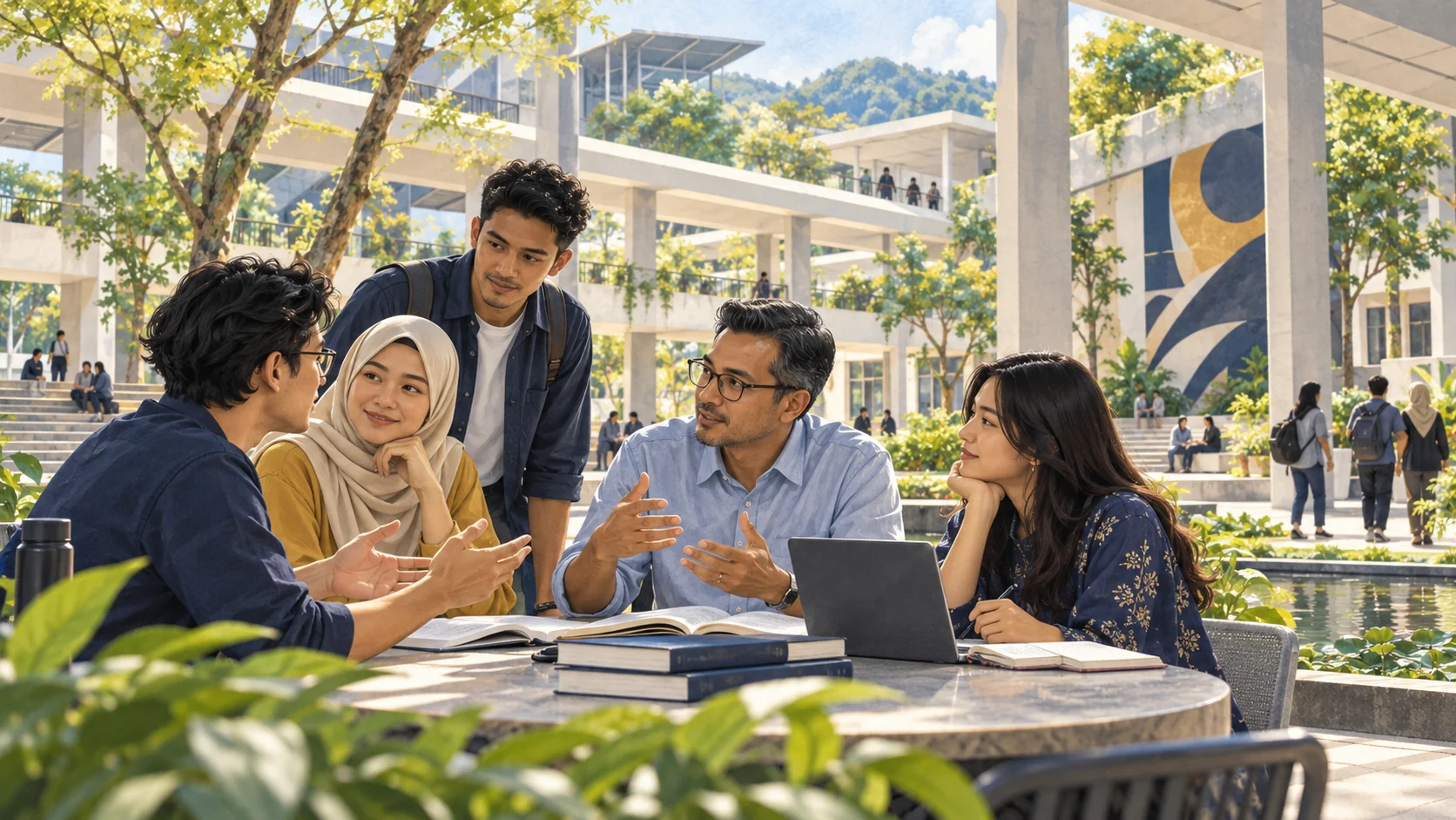Ilustrasi mahasiswa dan ahli akademik berbincang di kampus universiti sebagai gambaran kebebasan akademik dan autonomi institusi.